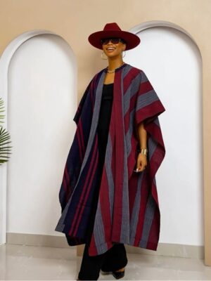 Aṣọ̀kẹ́ Heritage Flow Kimono – Wine & Navy Striped Nigerian Outerwear